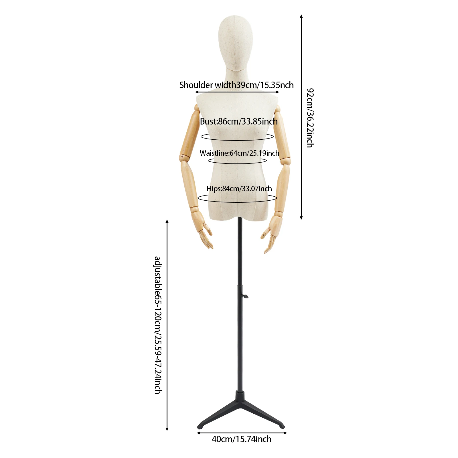 65-120cm Verstellbare Damen-Schaufensterpuppe mit Schwarzem Dreieckigem Standfuß, Geeignet für Boutiquen, Bekleidungsgeschäfte, Schaufenster – Detail 5