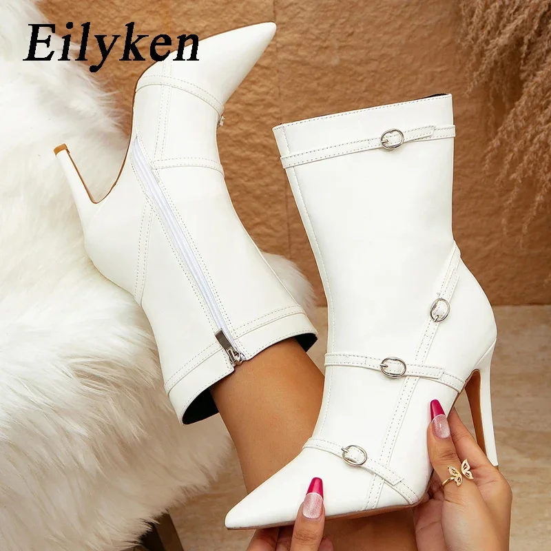 Eilyken Autumn Winter White Pointed Toe Women Ankle Boots Belt Buckle Eelgant Thin High Heel Chelsea Side Zipper Short Shoes