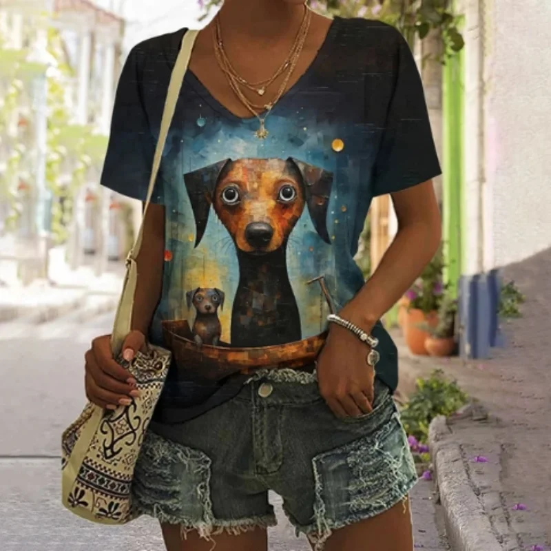 Summer women's T-shirt top with cartoon pattern cute style V-neck short sleeved personalized top for women's summer new style