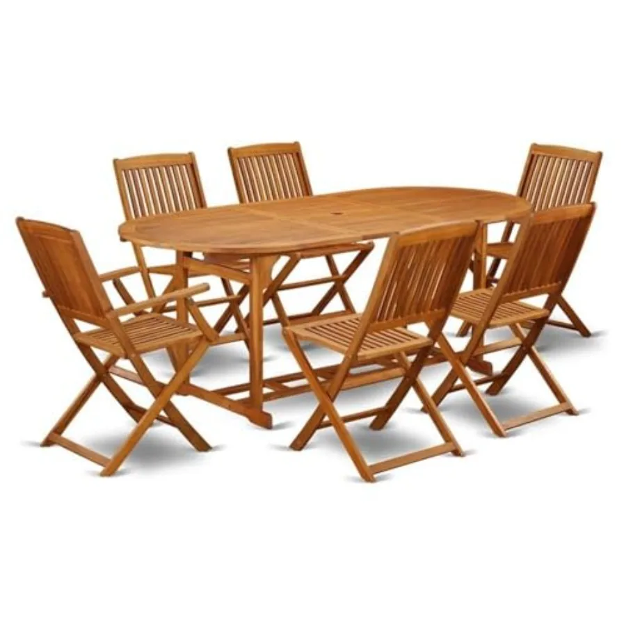 

Patio dining set: acacia wood table and chairs, natural oil finish, weather-resistant for outdoor use, includes 2 folding arm c