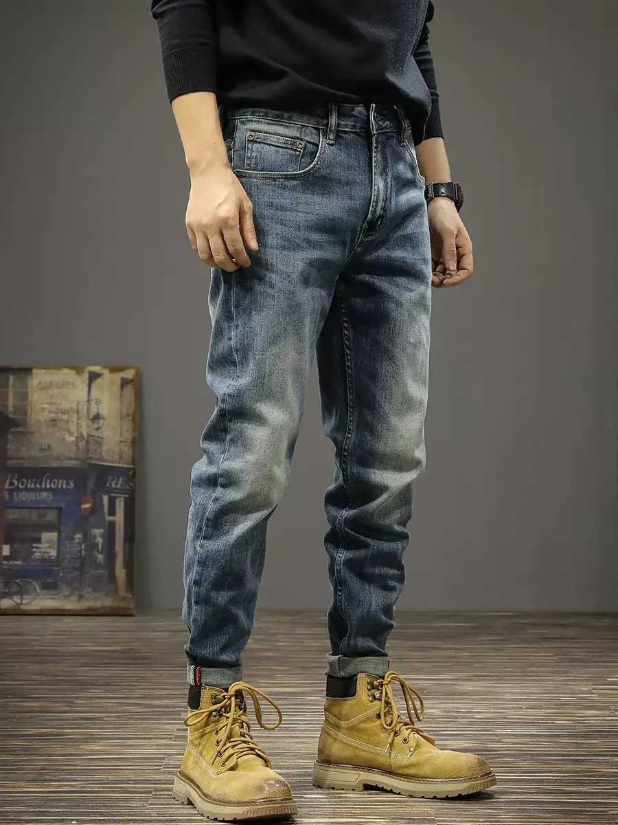 Italian Style Fashion Men Jeans High Quality Retro Blue Stretch Slim Fit Vintage Jeans Men Trousers Casual Designer Pants Hombre