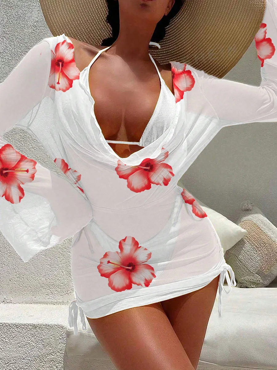 الأزهار شبكة طويلة الأكمام التستر بيكيني النساء ملابس السباحة الإناث ثلاث قطع مجموعة البكيني مضلع ثوب السباحة ملابس السباحة #4