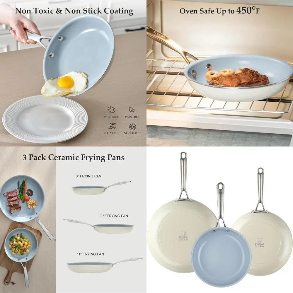 

Stainless Steel Handle Ceramic Frying Pan Set - Non-Stick Cookware Ideal for Steaks & Easy Cooking (Cream White)