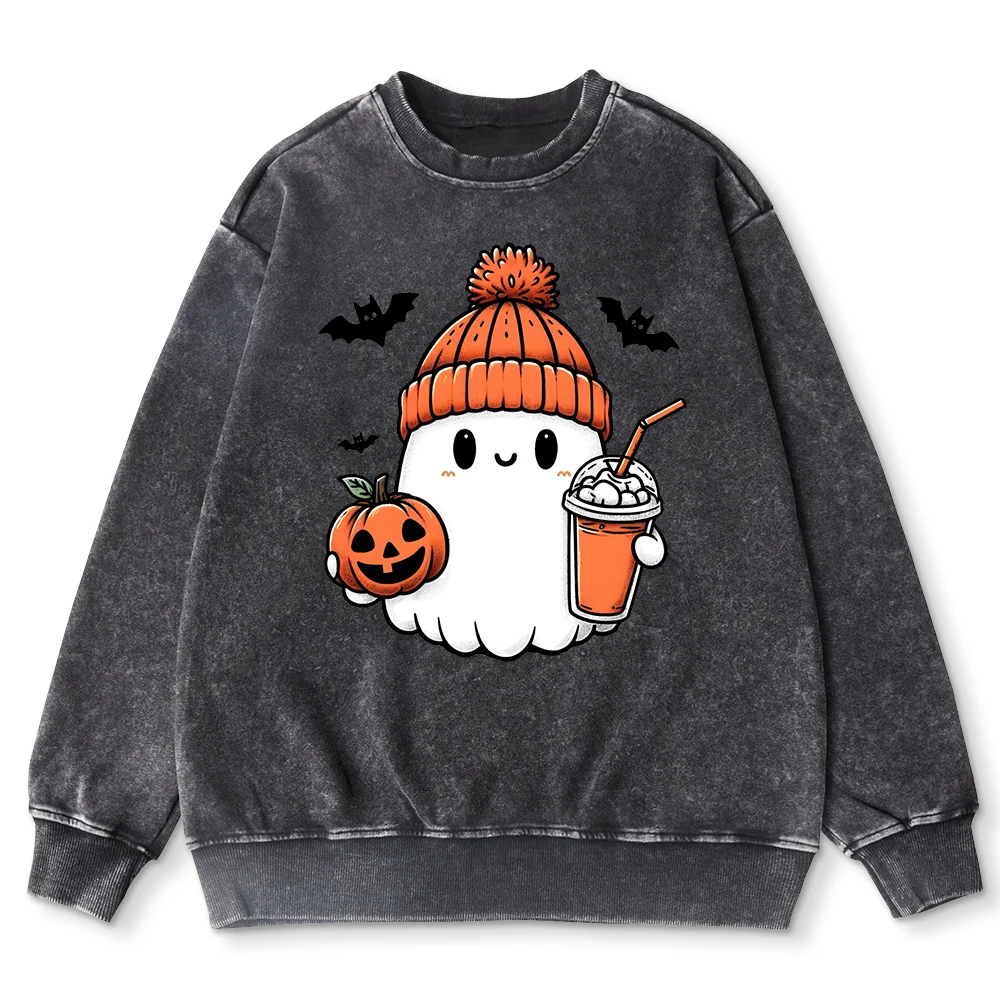 Halloween Pumpkin Ghost Printed Female Pullovers Street Soft Washed Sweatshirt Hipster Cotton Womans Clothing Y2K Couple Tops