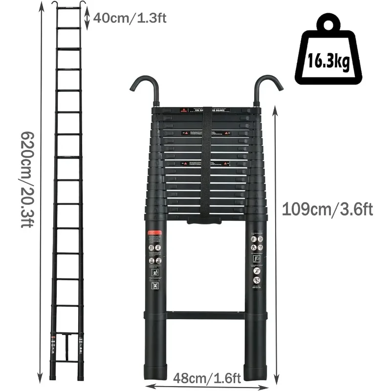 14 Steps Aluminum Extending Roof Ladder for Multi-Purpose Indoor Outdoor Ladder，6.2M Heavy Duty Telescopic Ladders with Hooks