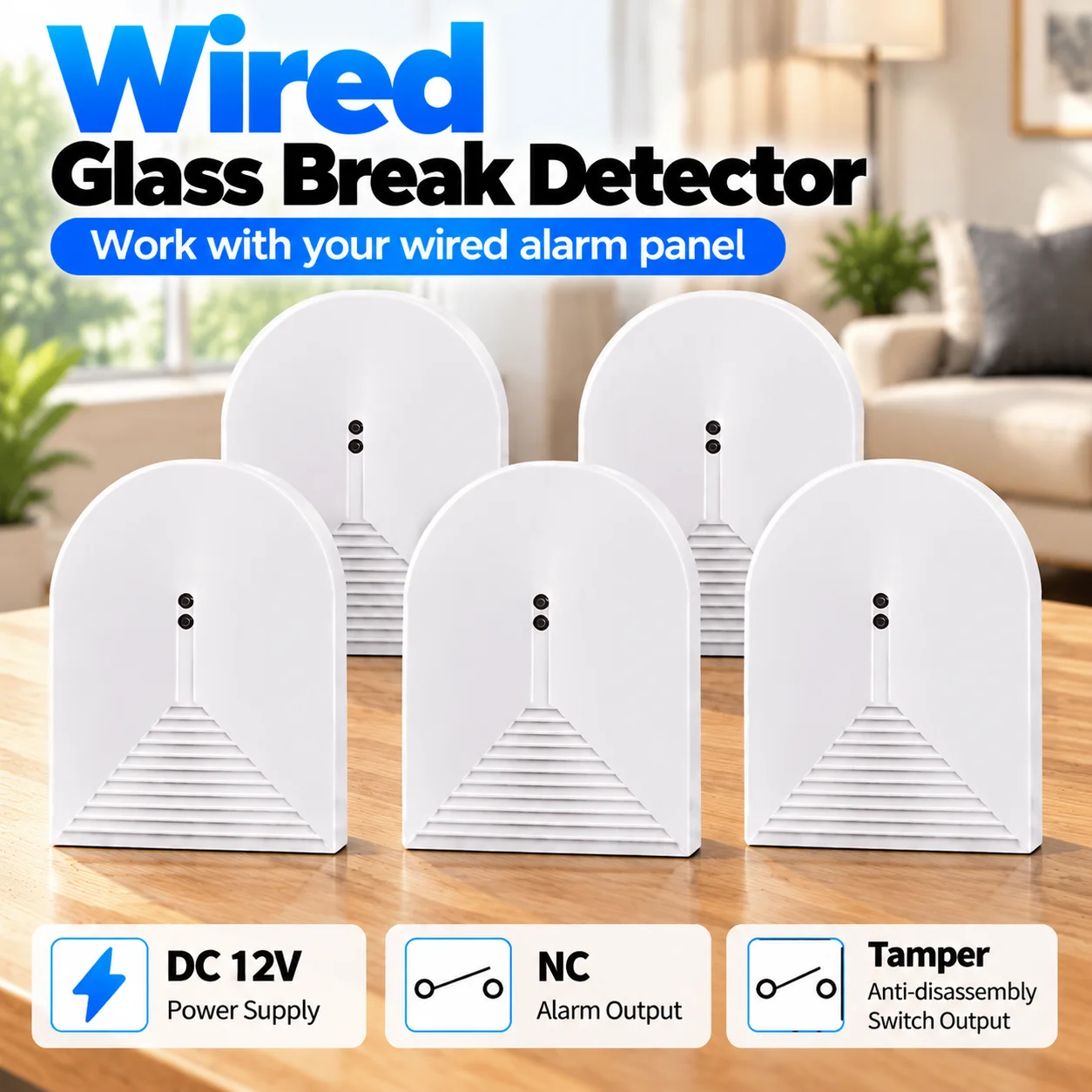 Security Alarm Detector Wired Connection Broken Glass Detector Glass Break Sensor For Home Tuya WIFI GSM Alarm System
