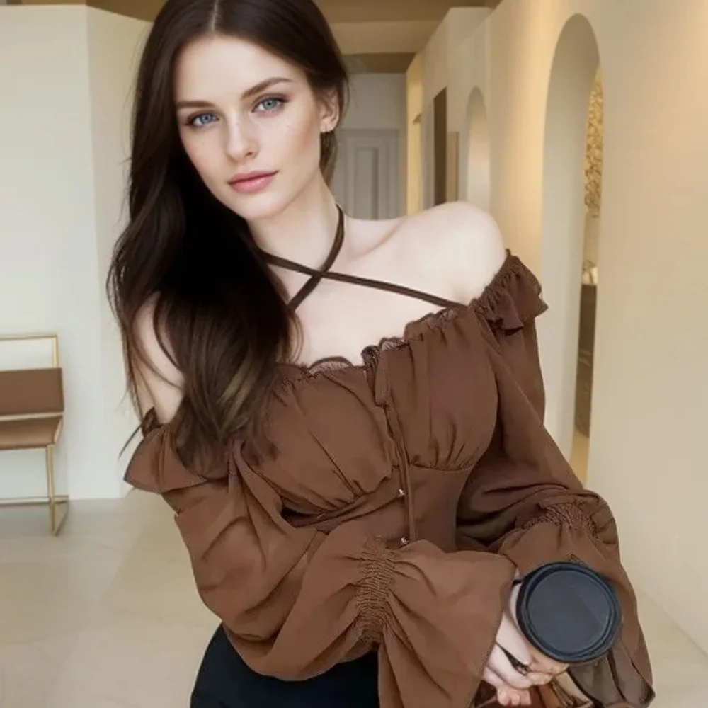 Slim Chiffon Shirt French Sexy Ruffle Slash Neck Women\'s Clothing Hotsweet CropTop Shirts And Blouses Elegant Female Blouses