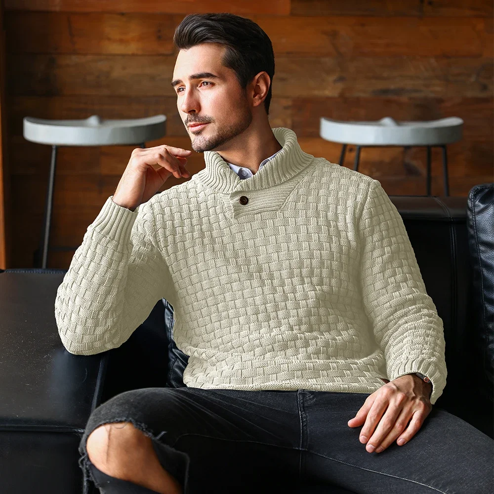 Men's Solid Color Sweater Winter Knitted Round Neck Warm and Soft Long Sleeved Pullover with Textured Ribbed Edges, Comfortable