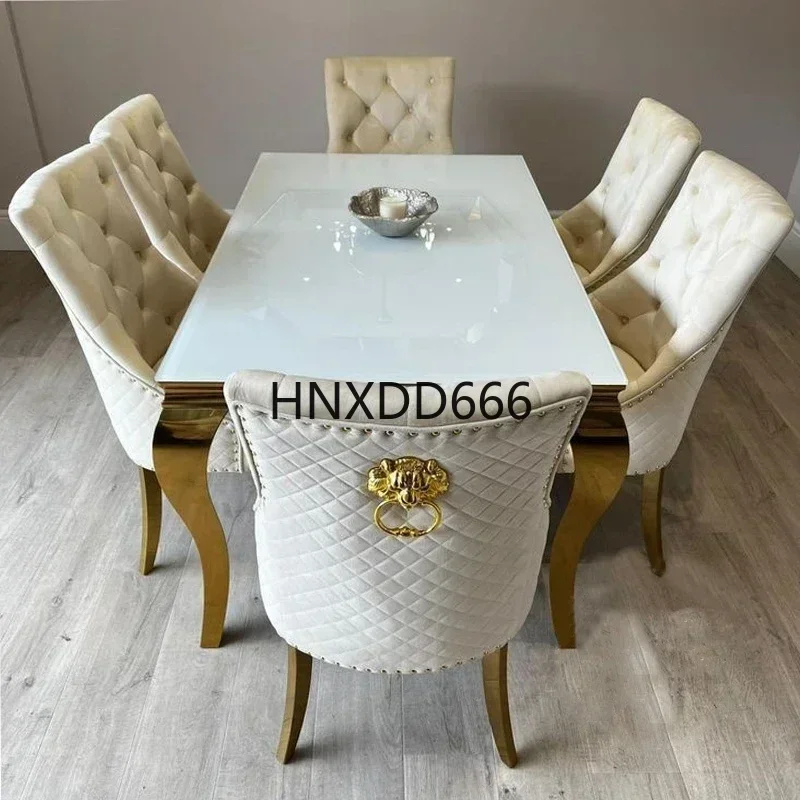 Simple complete marble dining table set Elegant rectangular  Shiny gold