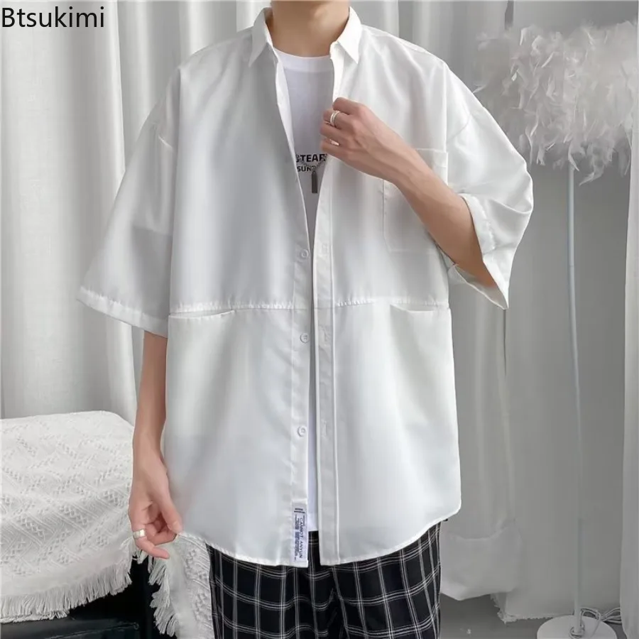 

Новинка 2024, мужская летняя рубашка с короткими рукавами в гонконгском стиле, однотонные топы для мужчин, модная красивая повседневная свободная мужская футболка