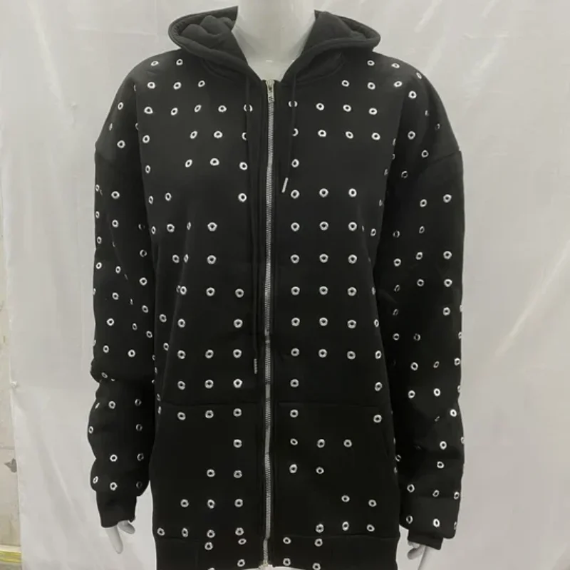 الخريف الأوروبي الأمريكي الجديد كامل ثقب دائري الديكور الأعلى العصرية سستة سترة مقنعين البلوز الرجال الملابس النسائية #1