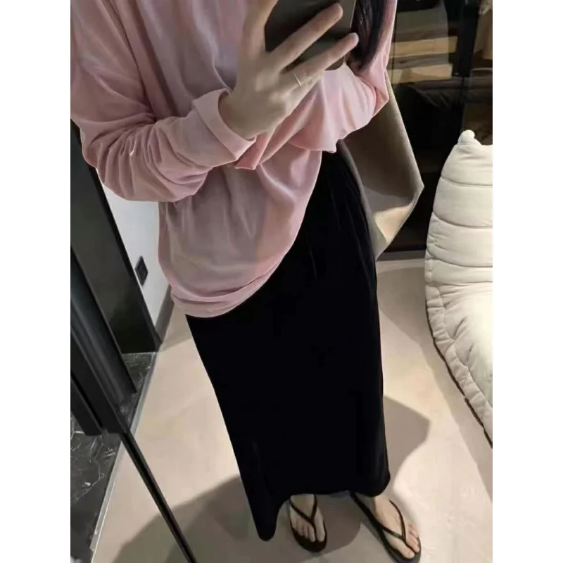 Love Devil Fish Black Elastic Waist Velvet Midi Skirt Women Autumn Winter New Long Slit Straight Skirt