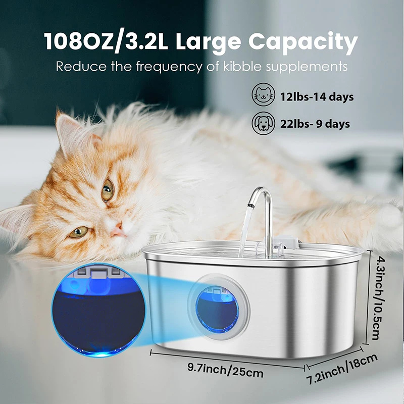 Cat Water Fountain Stainless Steel, 3.2L/108oz Automatic Dog Fountain Bowl with Water Level Window, Super Quiet for Pet Drinking