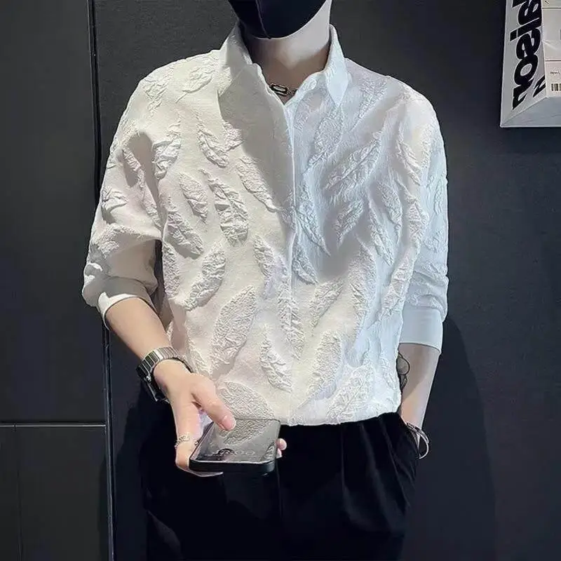 

2023 New Style Shirt Short Sleeve Cotton Fabric Smooth Texture Leaf Pattern Men's Slim Fit Shirt Casual Daily Wear
