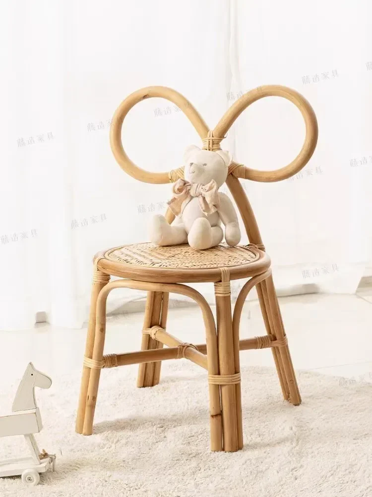 Nordic rattan handmade woven kids chair Metal bow rainbow bunny rabbit simple household solid wood dining chair leisure chair