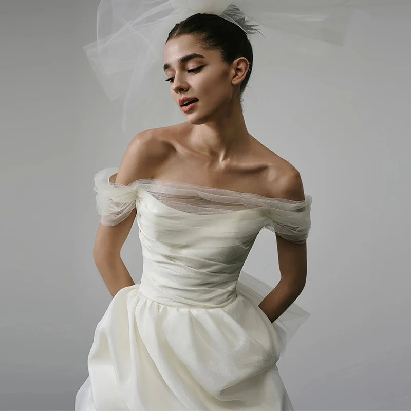 White Short Simple Satin Light Hi-lo Wedding Dress with Off-Shoulder Design, Perfect for Engagement & Ceremony 64