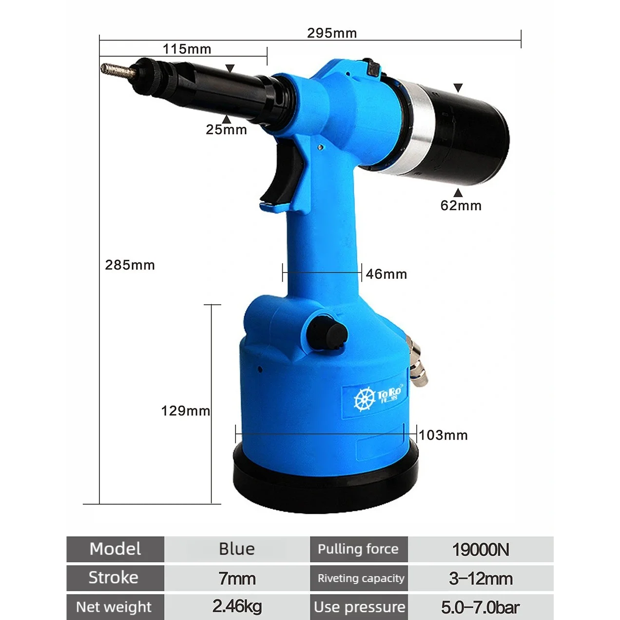 Kit pistola per dadi per rivetti pneumatici blu Corsa regolabile industriale Strumento per rivettatura automatica idraulica pneumatica M3-M12 Rivnut Rivettatura