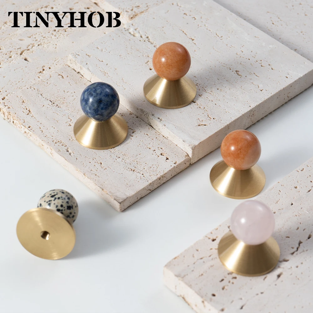 Pink Natural Stone Handle for Cupboard Drawer Pull Luxury Brass Cabinet Knob Home Furniture Accessory
