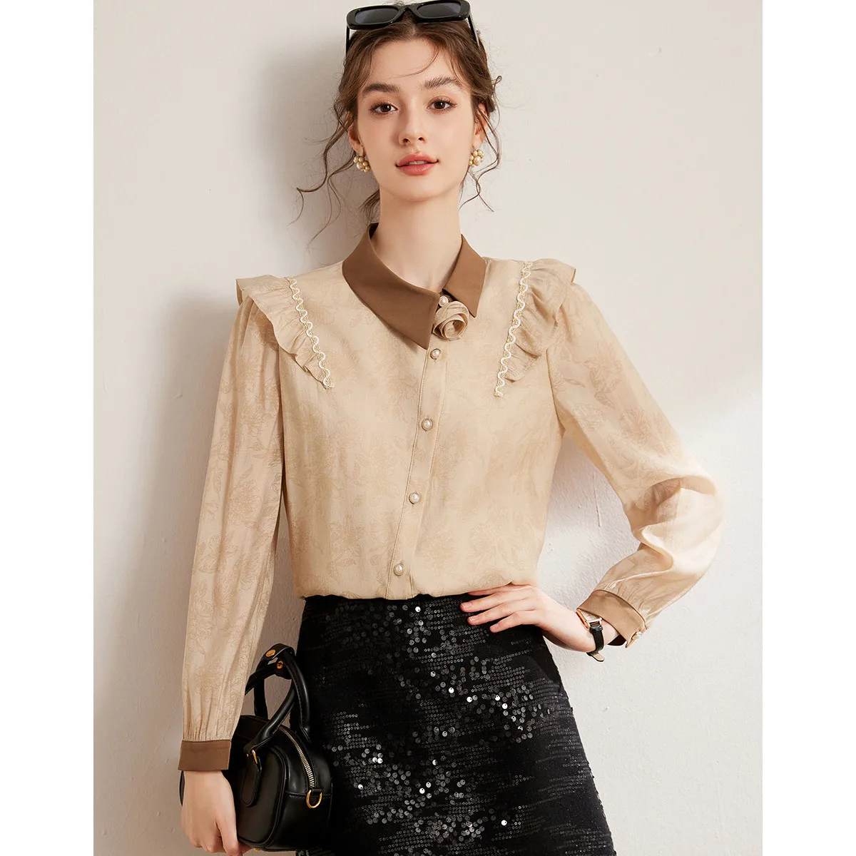 LOUIS YAO Detachable Rose Decor Women Blouse 2026 Spring Autumn Asymmetrical Slanted Placket Color‑Block Lapel Long Sleeve Shirt