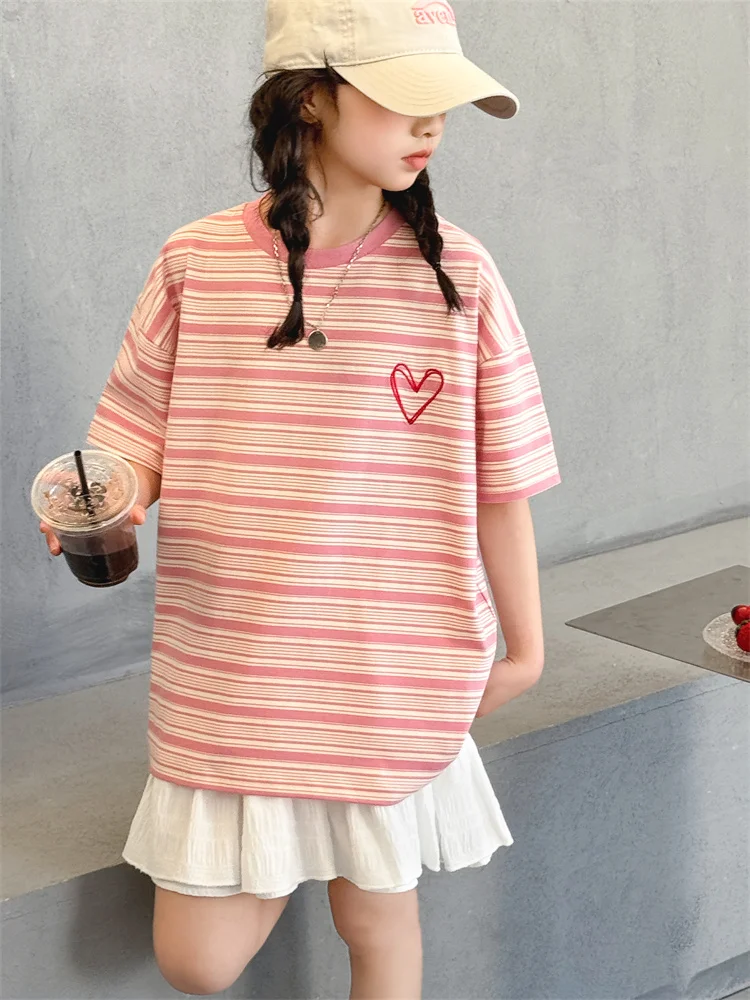 Sweet Style Kids Girl Summer Shorts Sleeve Pink Striped Heart T-shirt Tweens Child Loose Casual Tee Tops Tshirt for Teenagers