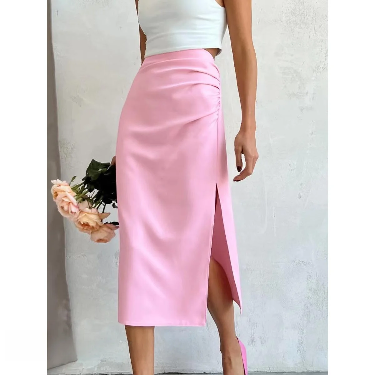 

Юбка с высокой талией и разрезом, модная, простая, облегающая, для повседневной носки, средней длины, А-силуэта, однотонная.