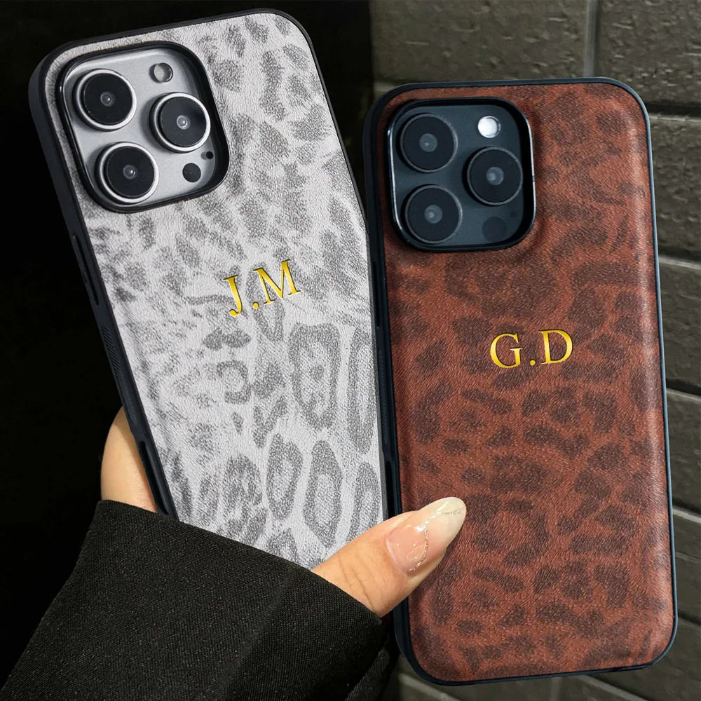 Personalized Customized Initials Name Leopard Print Case For iPhone 11 12 13 14 15 16 Pro Max Soft Luxury Leather Engraved Cover