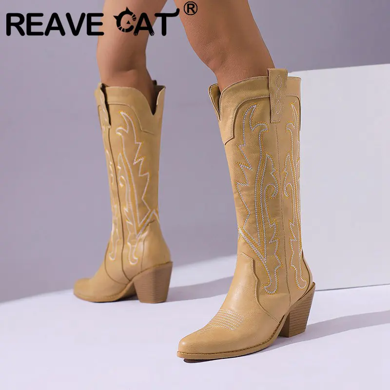 

REAVE CAT Women Embroidered Western Cowboy Boots Pointed Toe Block Heels 7.5cm Slip On Large Size 46 47 48 Leisure Retro Booties