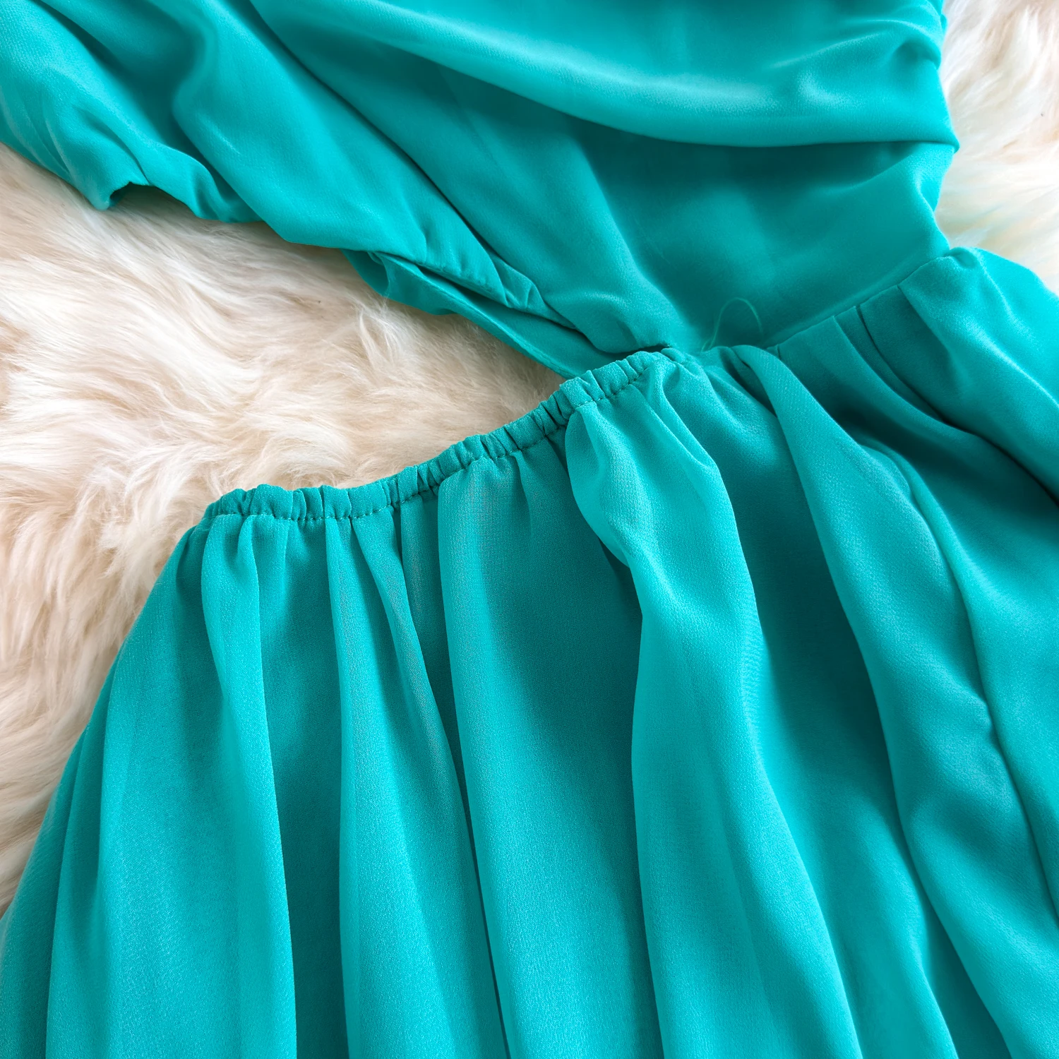 Abito lungo da donna con scollo obliquo e monospalla, grande altalena, da donna, diviso, elegante, di lusso, per cena di compleanno, banchetto, Boho, abito tropicale azzurro cielo