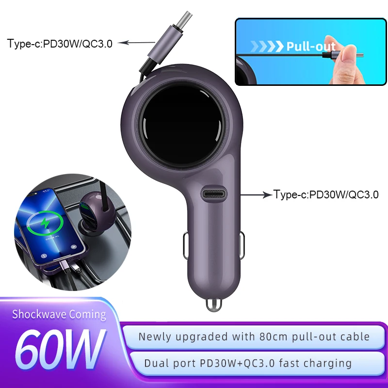 

2 IN 1 Retractable Car Charger Type C Cable For IPhone Huawei Samsung Fast Charge Cord Cigarette Lighter Adapter PD30W QC3.0