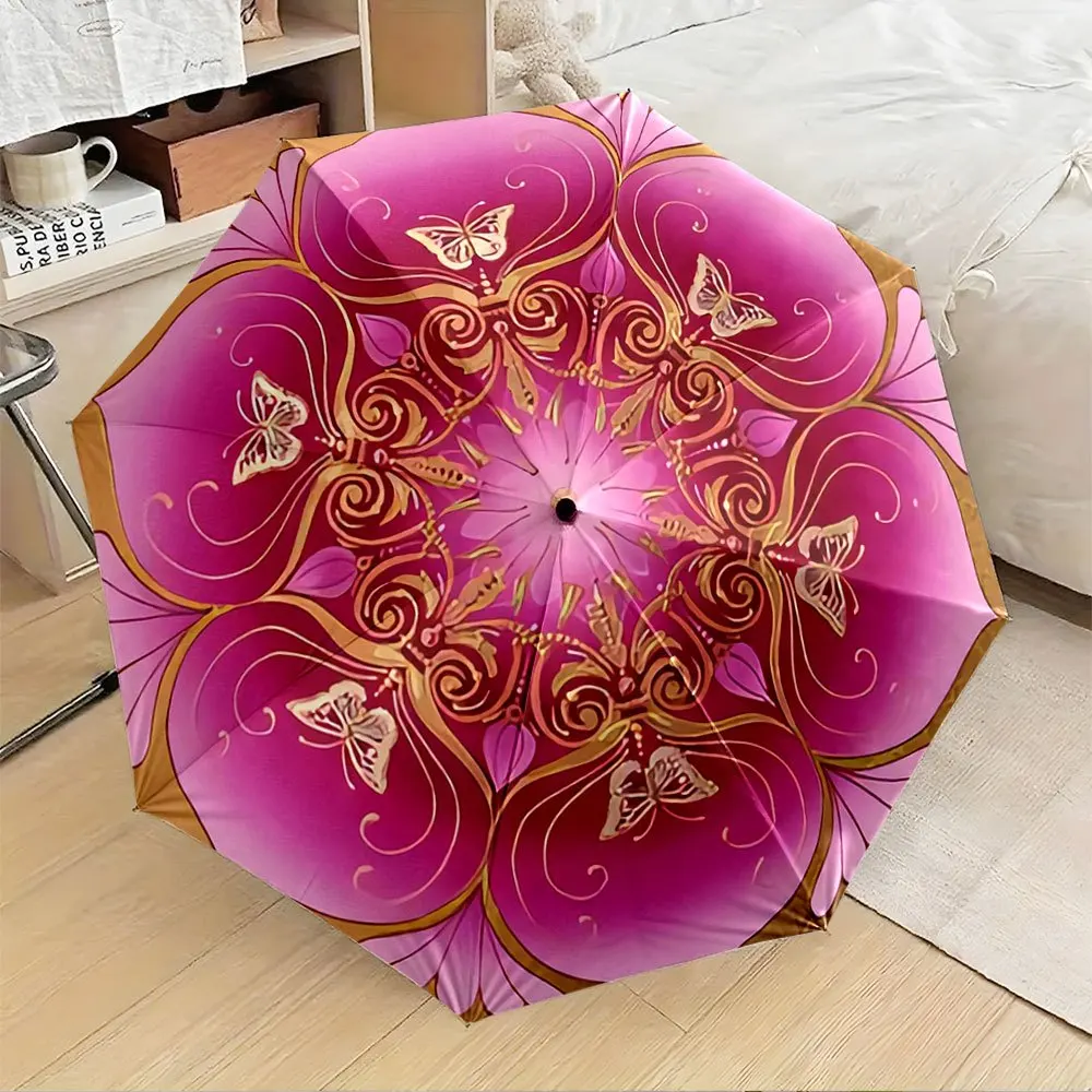 

Автоматический складной зонт с позолоченными узорами и бабочками на розовом фоне - 8-спицевая складная конструкция, портативный, компактный.