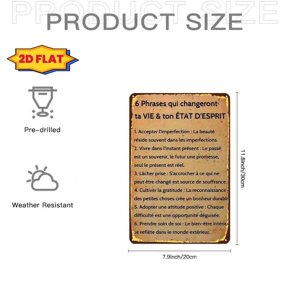 2D Flat Aluminum Metal Sign, Vintage 6 Life‑Changing Mindset Quotes Plaque for Home Office Bathroom Garden Indoor Outdoor Decor