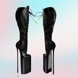 Black Front Lace-up Super Platform Mid Calf Boots Sexy Extreme Stiletto High Heel Matte Leather Women Shoes 2024 New Para Mujere