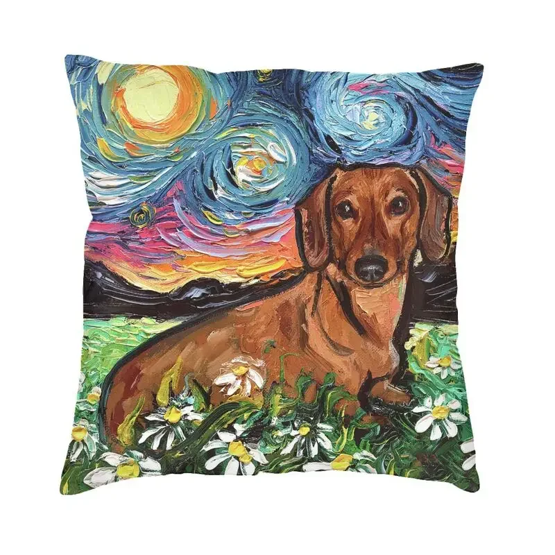 Brown Dachshund Starry Night Throw Pillow Case Bedroom Decoration 3D Print Pet Dog Lover Sofa Cushion Cover Creative Pillowcase