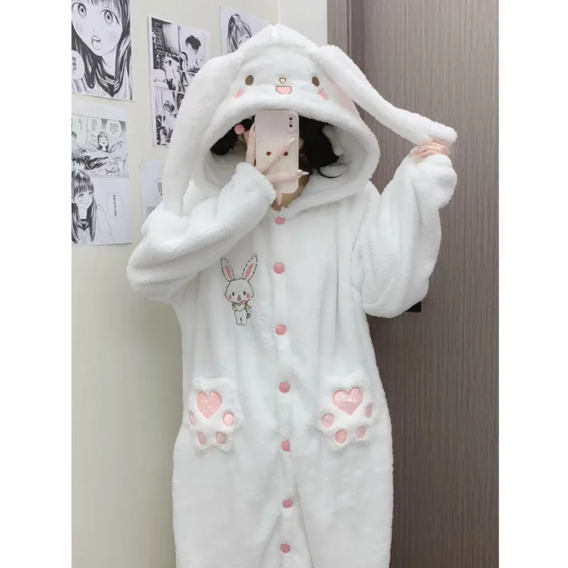 3D Ugly Wishing Rabbit Pajama Women Winter Funny Ins Cat Claw Coral Velvet With Thick Plush Cute Rabbit Long Robe Pajama Set New