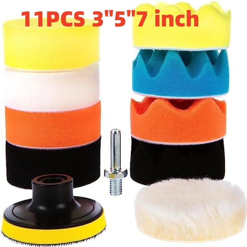 11PCS 3/5/7 Inch Polishing Pads Car Drill Bits Sponge Wool Polishing Pads Car Buffer Polisher for Sanding, Waxing, Sealing Glaze