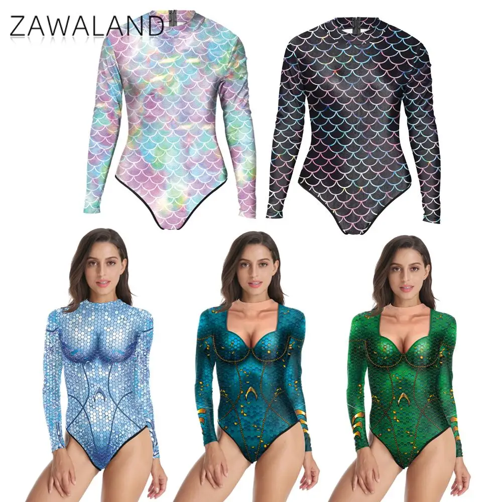 

Zawaland Womens Mermaid Cosplay Costumes Color Fish Scales Shell Bodysuit Print Sexy Swimsuit Long Sleeve Party Outfits Swimwear