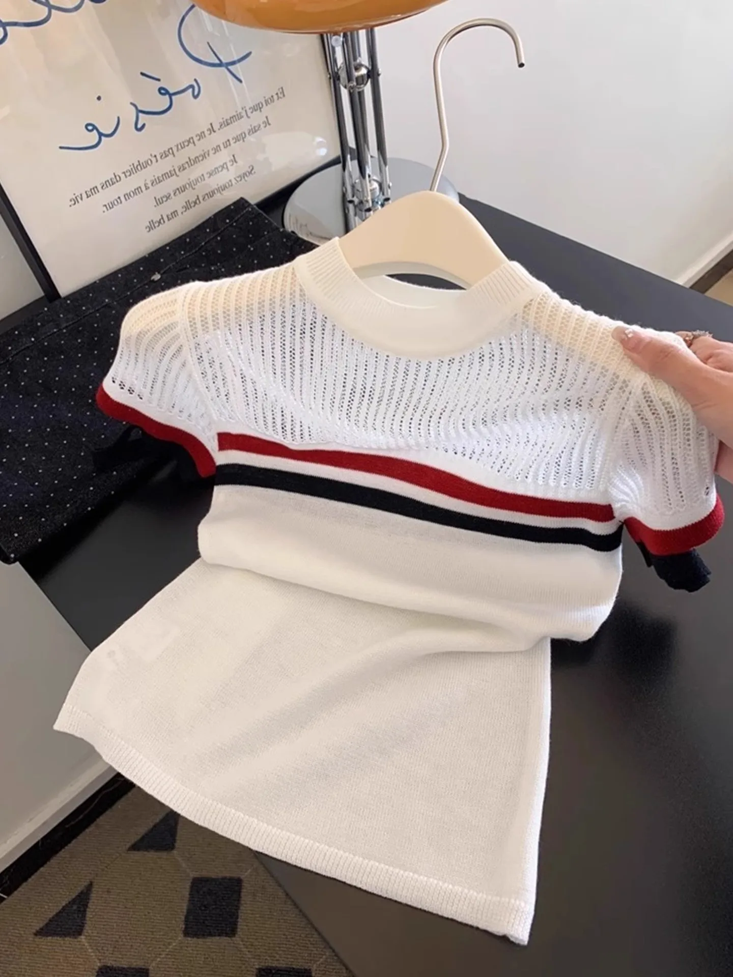 

Летний вязаный топ Ele Summer ort Sve: дышащий, приятный к телу, с ажурным дизайном, в полоску, в корейском стиле, для работы