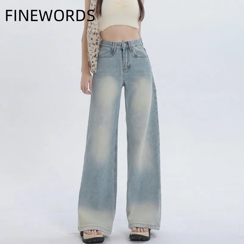 FINEWORDS Vintage Light Blue Wide Leg Jeans Women Korean Casual Streetwear Baggy Jeans High Waist Punk Harajuku Denim Pants