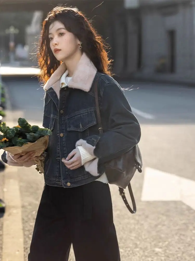 

Denim Coats Woman Oversize Fur Plush Womens Fall Slim Fit Elegant Preppy Style Professional Office Anti-Odor Drawstring Quilted