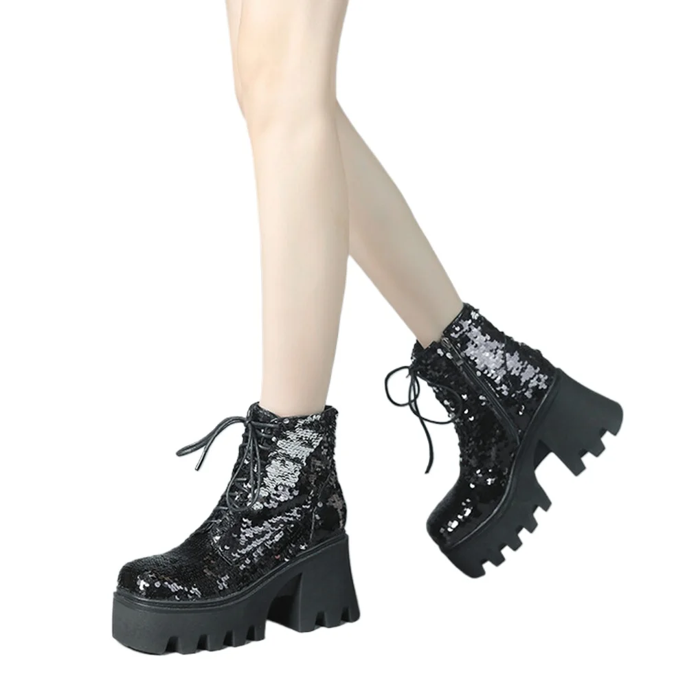 

Women Platform Combat Boots Shiny Lace-up Ankle Boots with Side Zipper Chunky Heel Gothic Punk Shoes Black Silver Plus Size33-43