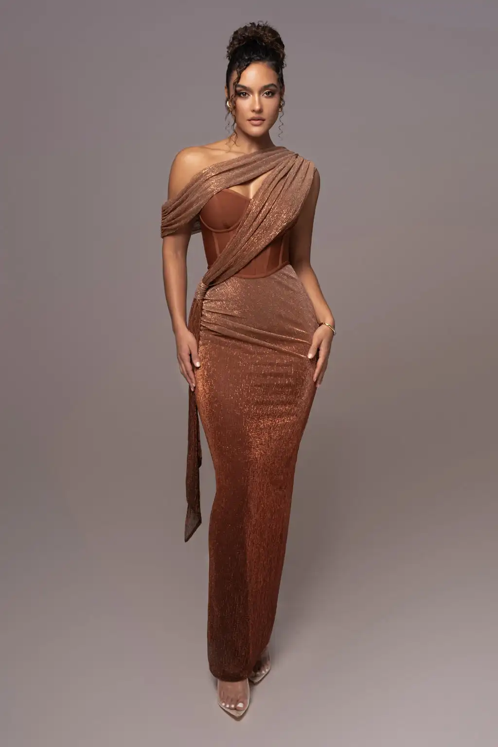 Brown Color Women Sexy One Shoulder Draped Long Bodycon Dress Fashion Celebrate Evening Party Birthday Elegant Evening Dress