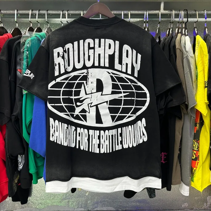 Rough Motorcycle Skeleton Knight Print T-shirts Men Women Hole Washed Black Hip Hop Oversized T Shirt