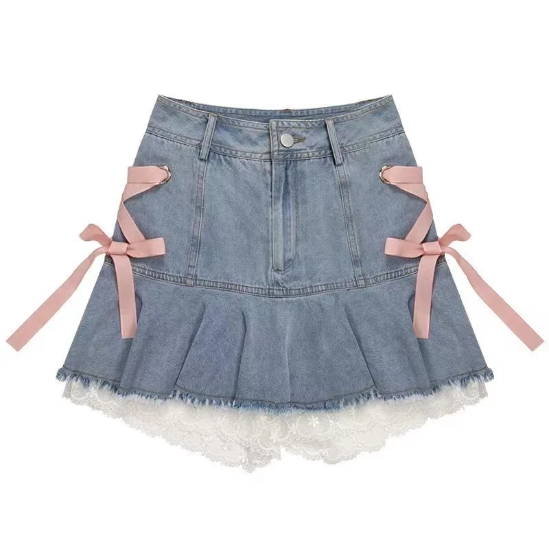 Pink strappy denim skirts women 2022 summer elegant sexy hot girl white lace stitching miniskirt ins casual sweet A-line skirt