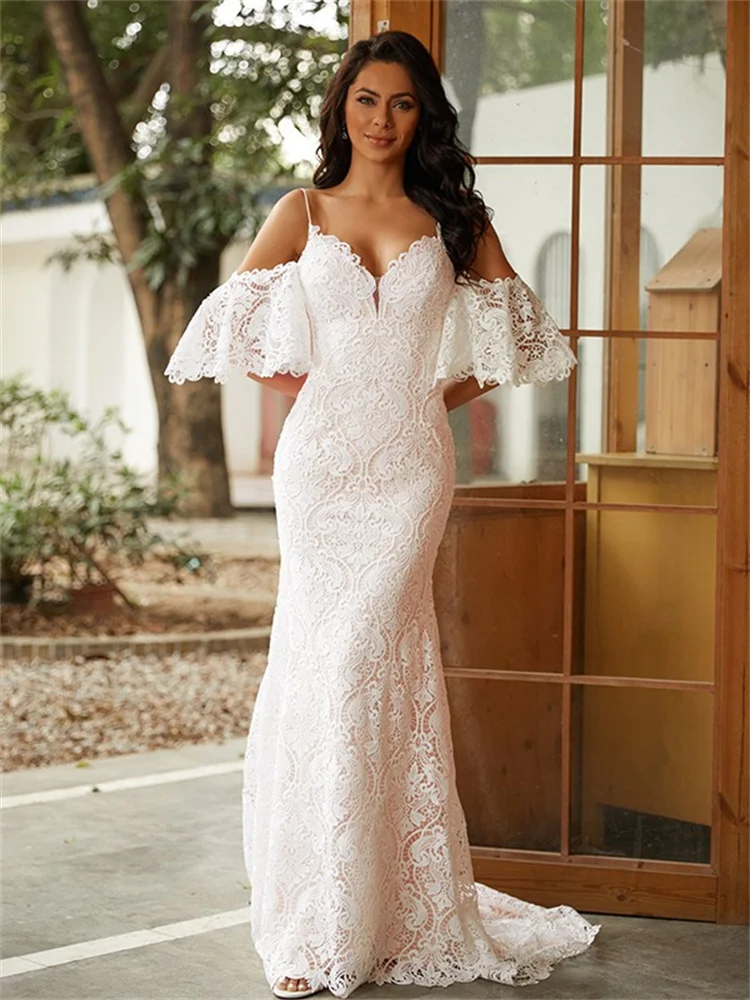 Sheath/Column Lace V-neck Short Sleeves Sweep/Brush Train Wedding Dresses Sexy Backless Slim Long Solid Color Dress for Wedding