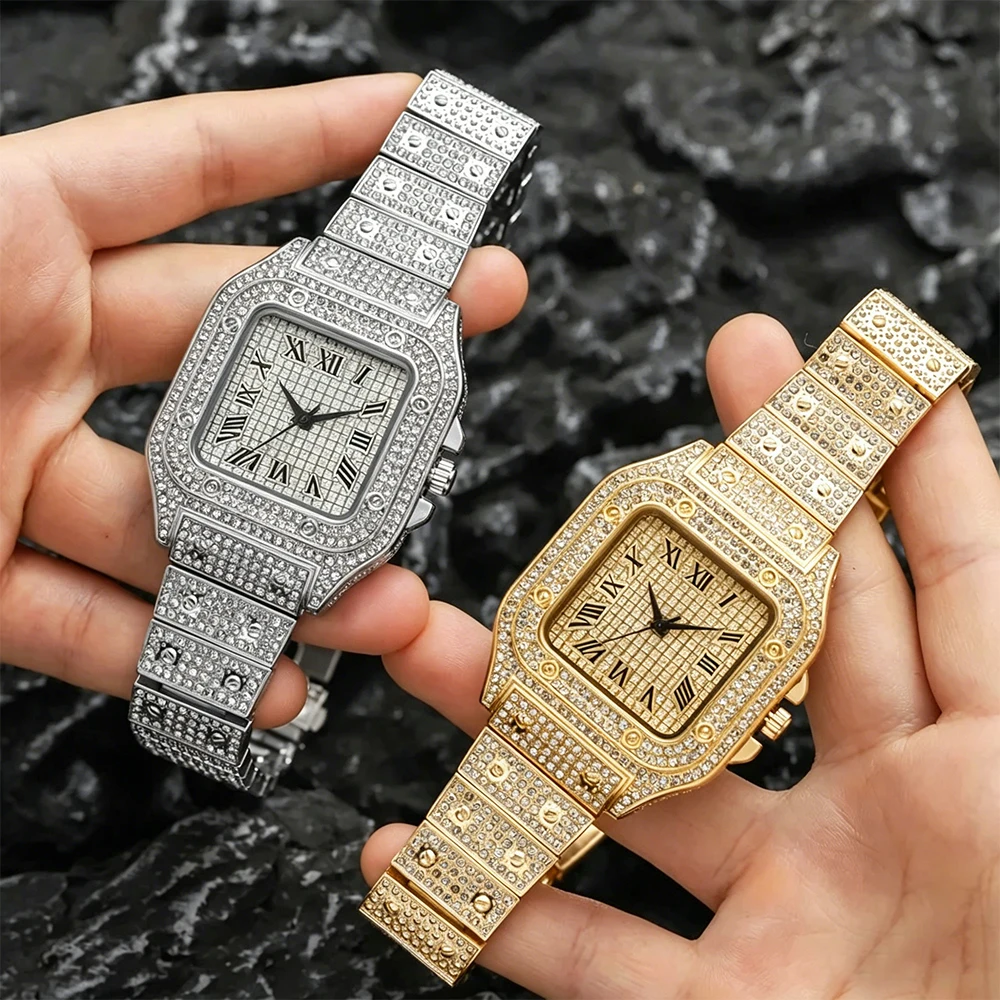 Luxury Square Men's Business Watches Steel Strap Roman Dial Rhinestone Quartz Watch Lesiure Male Wristwatch Relogio Masculino view 2