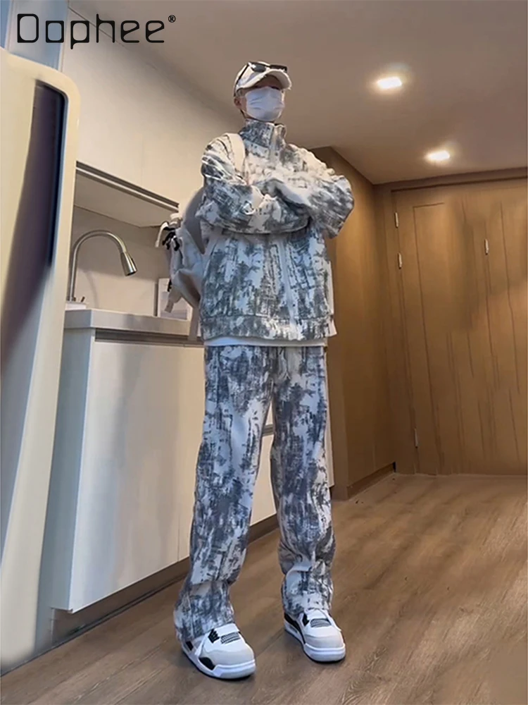 

2025 Spring and Autumn New American Retro Stand Collar White Tie-Dye Jacket Loose Casual Straight Pants Men's Black Sports Suit