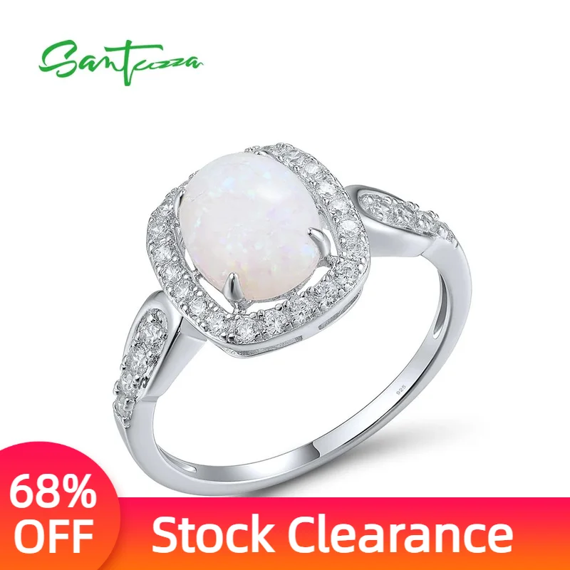 

SANTUZZA Silver Rings For Women Genuine 925 Sterling Silver Sparkling White CZ Created Opal Solitaire Party Gifts Fine Jewelry