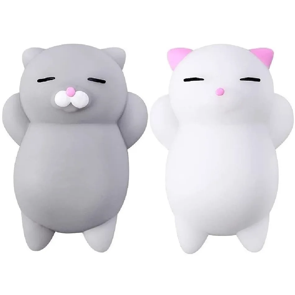 Mochi Cat Squishy Toy Multiple Sizes Screen Printed Cute Kitten Dumpling Design Soft Silicone Slow Rebound Sensory Fidget ASMR Anti Anxiety Decompression Calming Focus 2 Pack Gift for Kids Adults Office