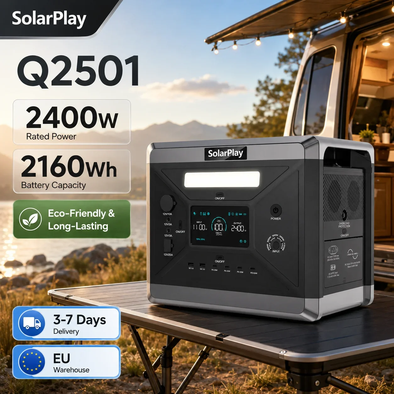 Stazione di alimentazione portatile SolarPlay Q2501 2400W di picco 4800W 2160Wh Generatore solare 1100W Ricarica rapida 3500+ cicli Multiporta per emergenze domestiche, campeggio, camper, viaggi fuori