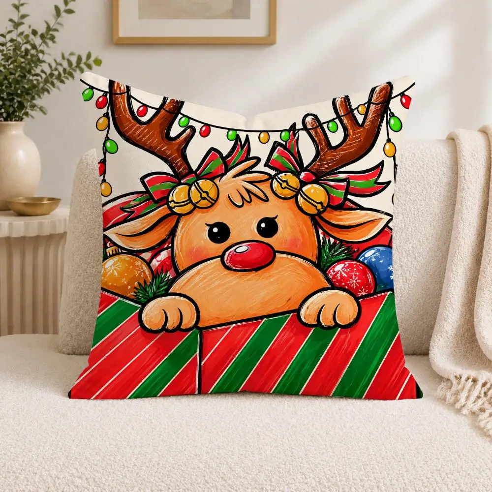 Christmas Green and Red Farmhouse Elf Cushion Cover Square Decorative Sofa Pillow Case Bedroom Living Room Home Decor Gift